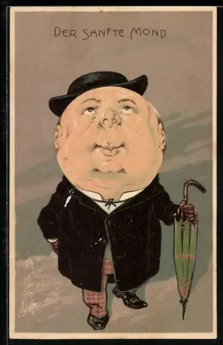 Künstler-AK Der Mond im Mantel mit Regenschirm, Der Sanfte Mond