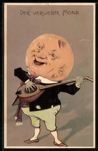 Künstler-AK Mond im Anzug spielt Laute, Der verliebte Mond