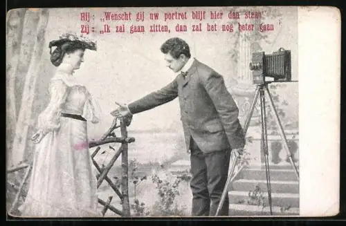 AK Fotograf positioniert die Dame für die Aufnahme, Fotoapparat