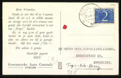 AK Gorcum, Reklame für die Tropic-Auto-Heizung, Gorcumsche Auto Centrale