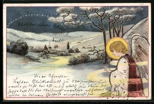 Lithographie Fröhliche Weihnachten, Weihnachtsengel bei einem Dorf