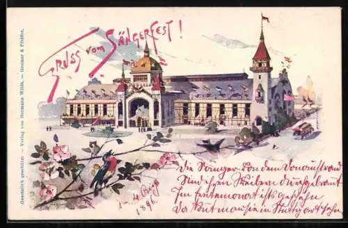 AK Stuttgart, Sängerbundesfest 1896, Strassenbahn vor der Sängerhalle