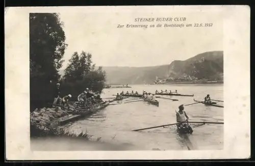AK Steiner Ruder Club, Ruderer auf dem Fluss, Erinnerung an die Bootstaufe am 22.6.1912