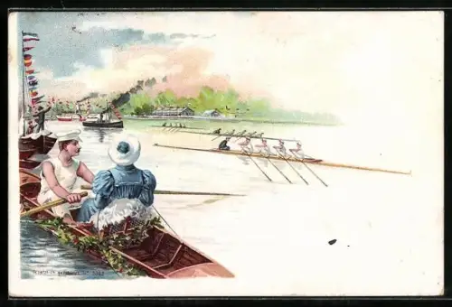 Lithographie Männer rudern im Vierer auf dem Fluss, Verliebtes Paar bei der Ruderpartie, Dampfer im Hintergrund