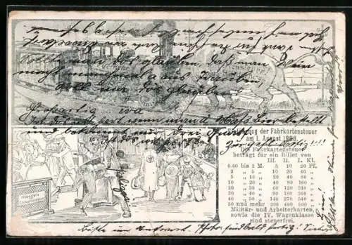 Künstler-AK Einführung der Fahrkartensteuer mit Kontrolleur 1906, Eisenbahn