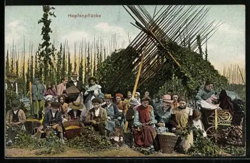 AK Kinder und Erwachsene beim Hopfenpflücken