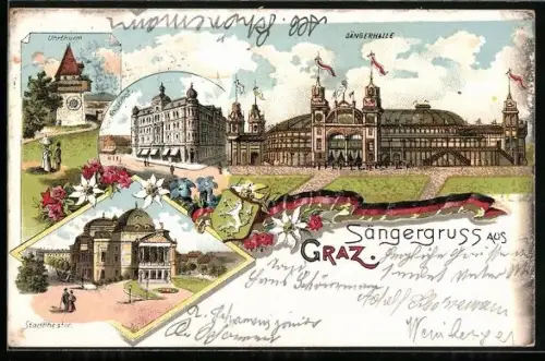 Lithographie Graz, Sängerfest, Mit Uhrturm, Sängerhalle, Kaiserhof und Stadttheater und Deutscher Flagge