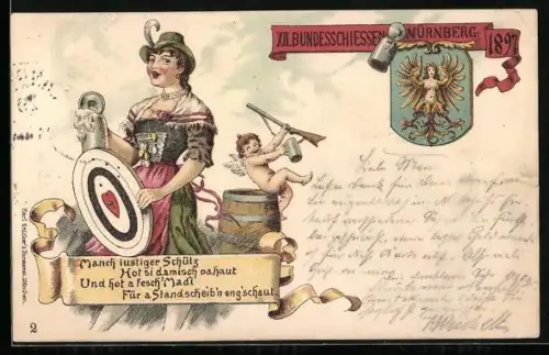 Lithographie Nürnberg, XII. Deutsches Bundesschiessen 1897, Frau im Dirndl mit Zielscheibe