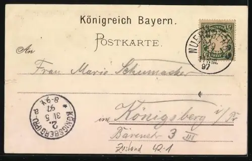 Lithographie Nürnberg, XII. Deutsches Bundesschiessen 1897, Frau im Dirndl mit Zielscheibe