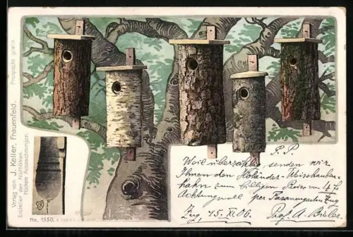 Künstler-AK Reklame für Nisthöhlen von J. Keller