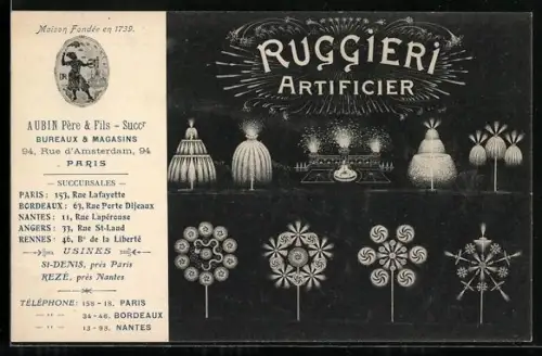 AK Paris, Reklame, Ruggiere Artificier, Aubin Père & Fils, Rue d`Amsterdam