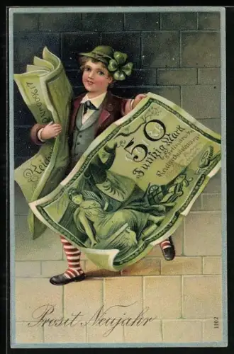 AK Knabe mit Geldscheinen - Neujahrsgruss