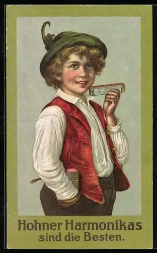 AK Junge mit Mundharmonika, Reklame für Hohner Harmonikas