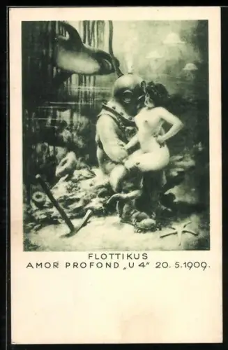 Künstler-AK Taucher in der Rüstung Amor Profond U4 mit einer Nixe auf dem Schoss