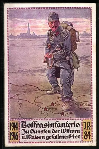 AK K. u. K. Infanterie-Regiment Nr. 84, österreichischer Infanterist über einer Landkarte