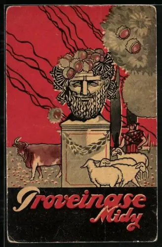 AK Proveinase Midy, Antike Statue, Kastanien, Stier, Schafe, Werbekarte für Ärzte