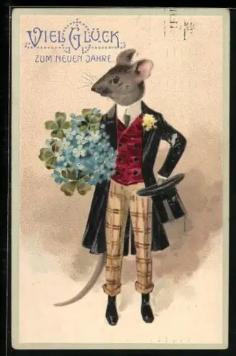 AK Ratte im Frack wünscht Glück zu Neuen Jahre