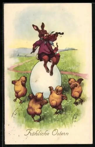 AK Osterhase mit Geige und Osterküken