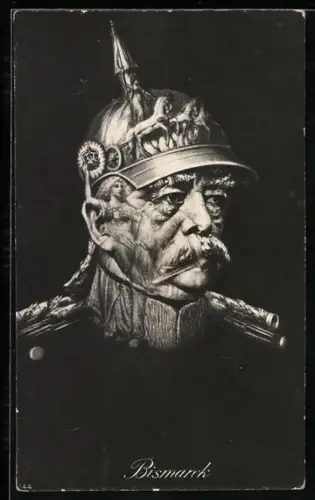 AK Bismarck mit Pickelhelm, Portrait, Metamorphose mit Streitwagen u. Germania