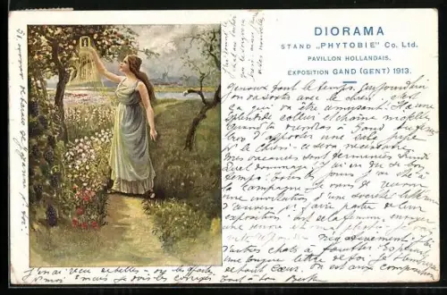 AK Gand, Exposition 1913, Junge Dame mit Lampe an einem Baum mit Früchten, Phytobie Co. Ltd., Den Haag
