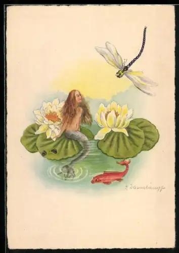 Künstler-AK Wassernixe sitzt auf einer Seerose und schaut zur Libelle