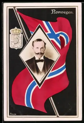 AK König Haakon VII. von Norwegen, Bildnis mit Wappen und Nationalflagge