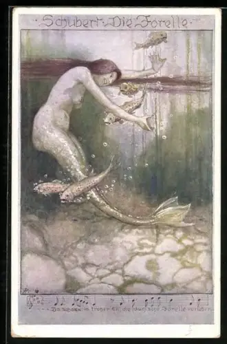 Künstler-AK Die Forelle von Schubert, Nixe schwimmt mit den Forellen