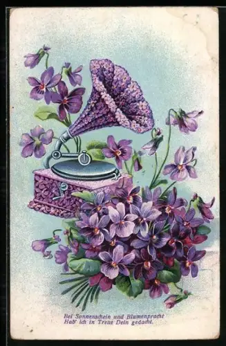AK Schalltrichter eines Grammophons aus Veilchen geformt, Blumenbild