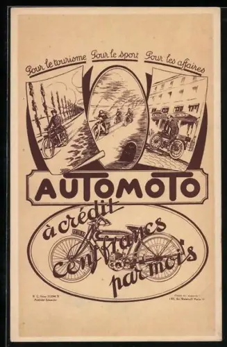 Künstler-AK Motorrad-Reklame Automoto, Motorrad-Rennen, Motorrad-Fahrer in einer Allee