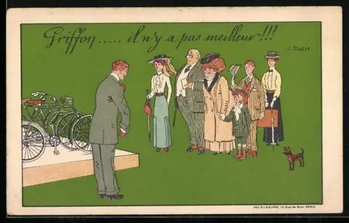 Künstler-AK Mann präsentiert Griffon Fahrräder vor Publikum