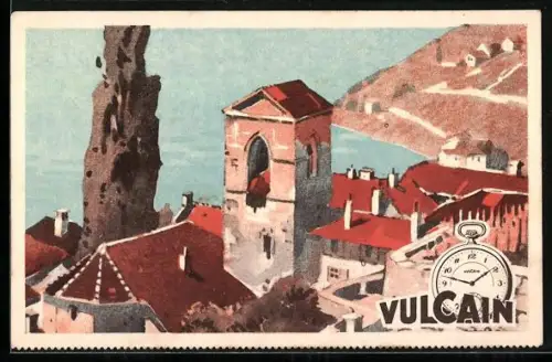 Künstler-AK Reklame für Vulcain-Uhren, Blick auf einen Küstenort