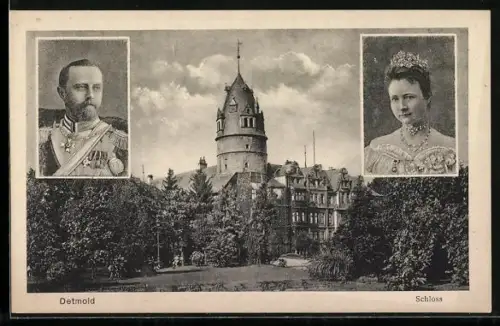 AK Detmold, Fürst Leopold von Schaumburg-Lippe, Blick zum Schloss