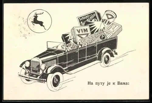 Künstler-AK Mann in einem Auto bringt Schicht Seife