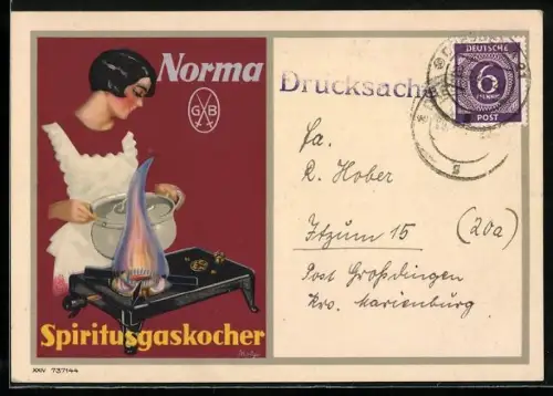 Künstler-AK Dame mit Kochtopf an einem Spiritusgaskocher, Reklame Norma