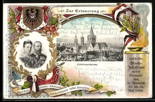 AK Arnstadt, Fürst Karl Günther von Schwarzburg in Uniform mit Orden und Gattin, Liebfrauenkirche