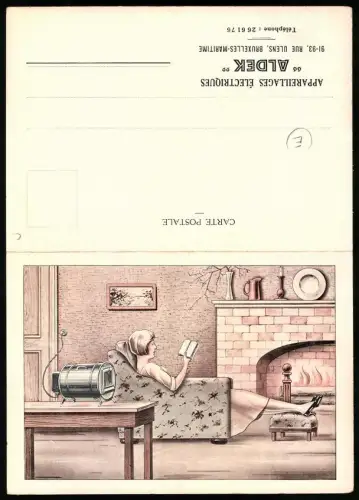 Klapp-AK Bruxelles-Maritime, Reklame Appareillages Electriques Aldek, Frau mit Buch vor Kamin und elektr. Heizgerät