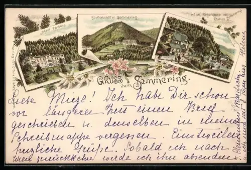 Vorläufer-Lithographie Semmering, 1894, Hotel Panhans, Südbahnhotel Semmerung und Hotel Stephanie