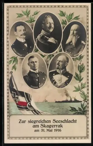 AK Seeschlacht am Skagerrak 1916, Portrait Vizeadmiral Scheer, Admiral Hipper, Admiral V. Capelle, Grossadmiral Tirpitz
