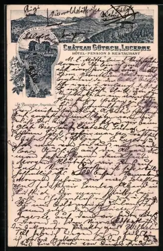 Vorläufer-Lithographie Lucerne, 1892, Hôtel-Pension & Restaurant Château Gütsch, Jg. Businger, Propr.