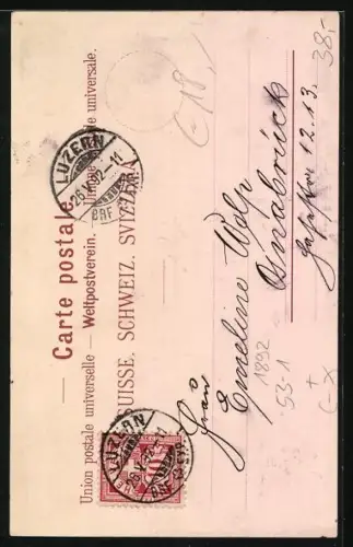 Vorläufer-Lithographie Lucerne, 1892, Hôtel-Pension & Restaurant Château Gütsch, Jg. Businger, Propr.