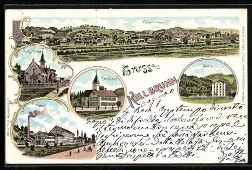 Lithographie Kollbrunn, Schulhaus, Fabrik, Kathol. Kirche, Gesamtansicht vom Ort