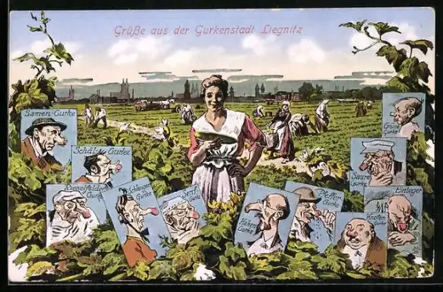 AK Liegnitz, Gurkenstadt, Gurken als Nasen in Gesichtern
