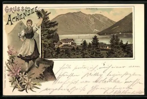 Lithographie Maurach am Achensee, Gasthof Seespitz mit Seeblick, Mädchen in Trachten