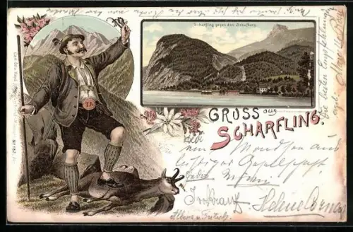 Lithographie Scharfling, Scharfling gegen den Schafberg, Jäger mit erlegter Gemse