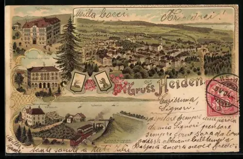 Lithographie Heiden, Gemeindehaus, Schulhaus, Partie an der Bergbahn Rorschach-Heiden, Gesamtansicht vom Ort