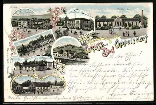 Lithographie Bad Oppelsdorf, Hotel Curhaus, Hotel Annenhof, Restaurant Carola Bad