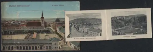 Leporello-AK Beregszász, Bocskay-utca, Arpád-utca, Pogány-villa, Vármegyei sétakert, Verböczy-ter