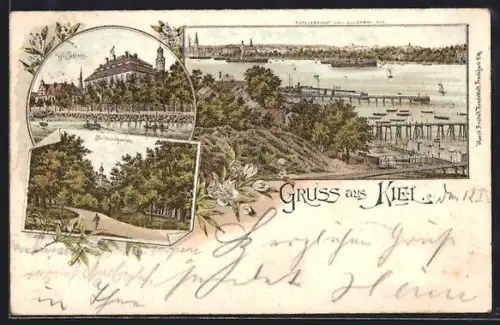 Lithographie Kiel, Kgl. Schloss, Schlossgarten, Sicht von Ellerbek aus