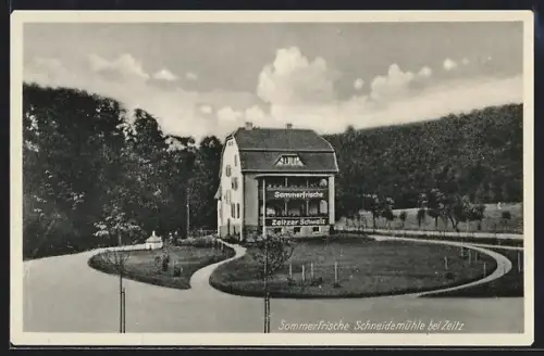AK Zeitz, Hotel und Villa Zur Zeitzer Schweiz, Besitzer W. Prätor, Schneidemühle