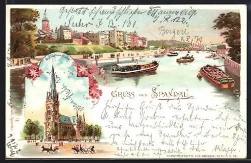 Lithographie Berlin-Spandau, Neue Garnison Kirche, Flusspartie mit Booten